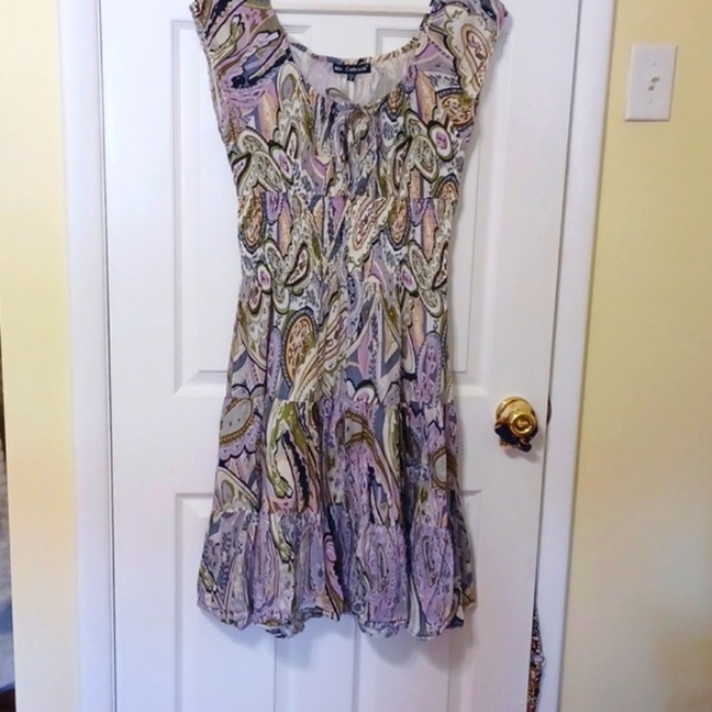 Mlle Gabrielle sz M, paisley print dress in pink, olive & cream.